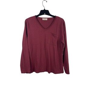 Saga Made in Italy 100% Cotton Long Sleeve Pocket Tee Top Burgundy Minimalist